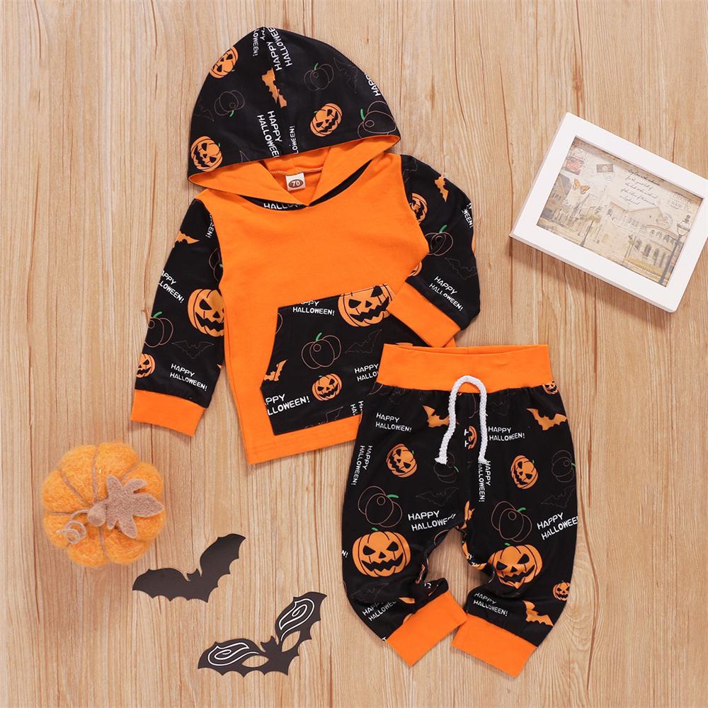 Baby Pumpkin Cartoon Printed Long Sleeve Hooded Top & Pants Wholesale Baby Clothes