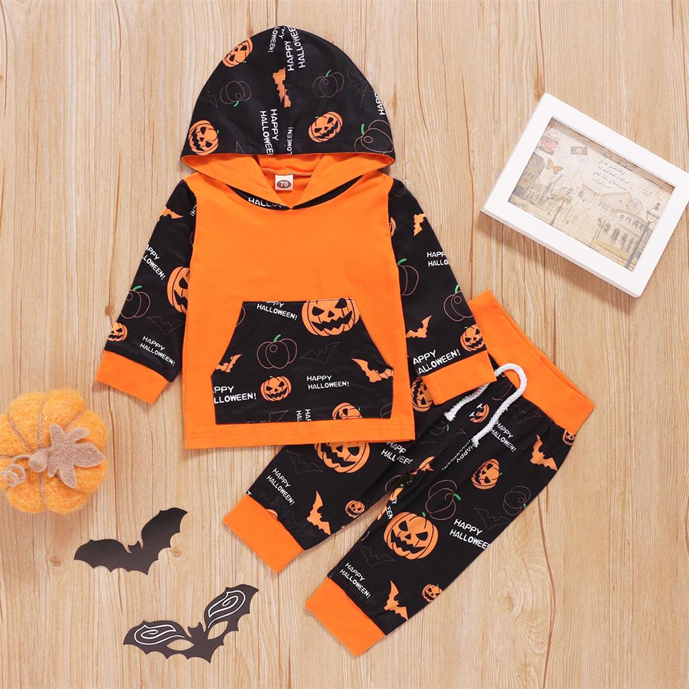 Baby Pumpkin Cartoon Printed Long Sleeve Hooded Top & Pants Wholesale Baby Clothes