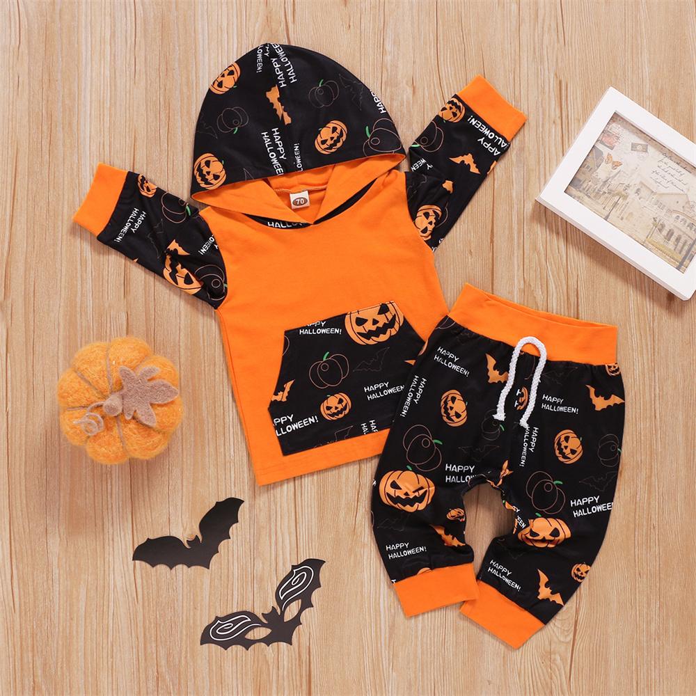 Baby Pumpkin Cartoon Printed Long Sleeve Hooded Top & Pants Wholesale Baby Clothes