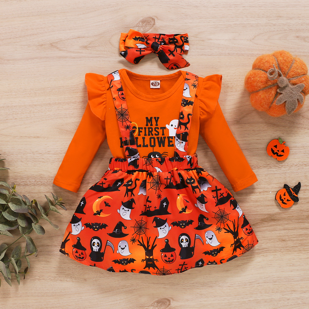 Baby Girls Pumpkin Letter Printed Long Sleeve Romper & Suspender Skirt & Headband Wholesale Baby Clothes