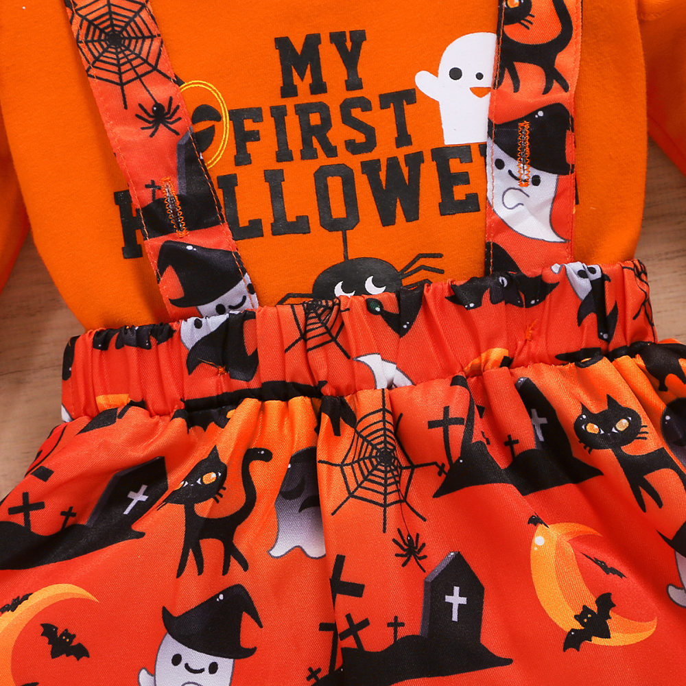 Baby Girls Pumpkin Letter Printed Long Sleeve Romper & Suspender Skirt & Headband Wholesale Baby Clothes