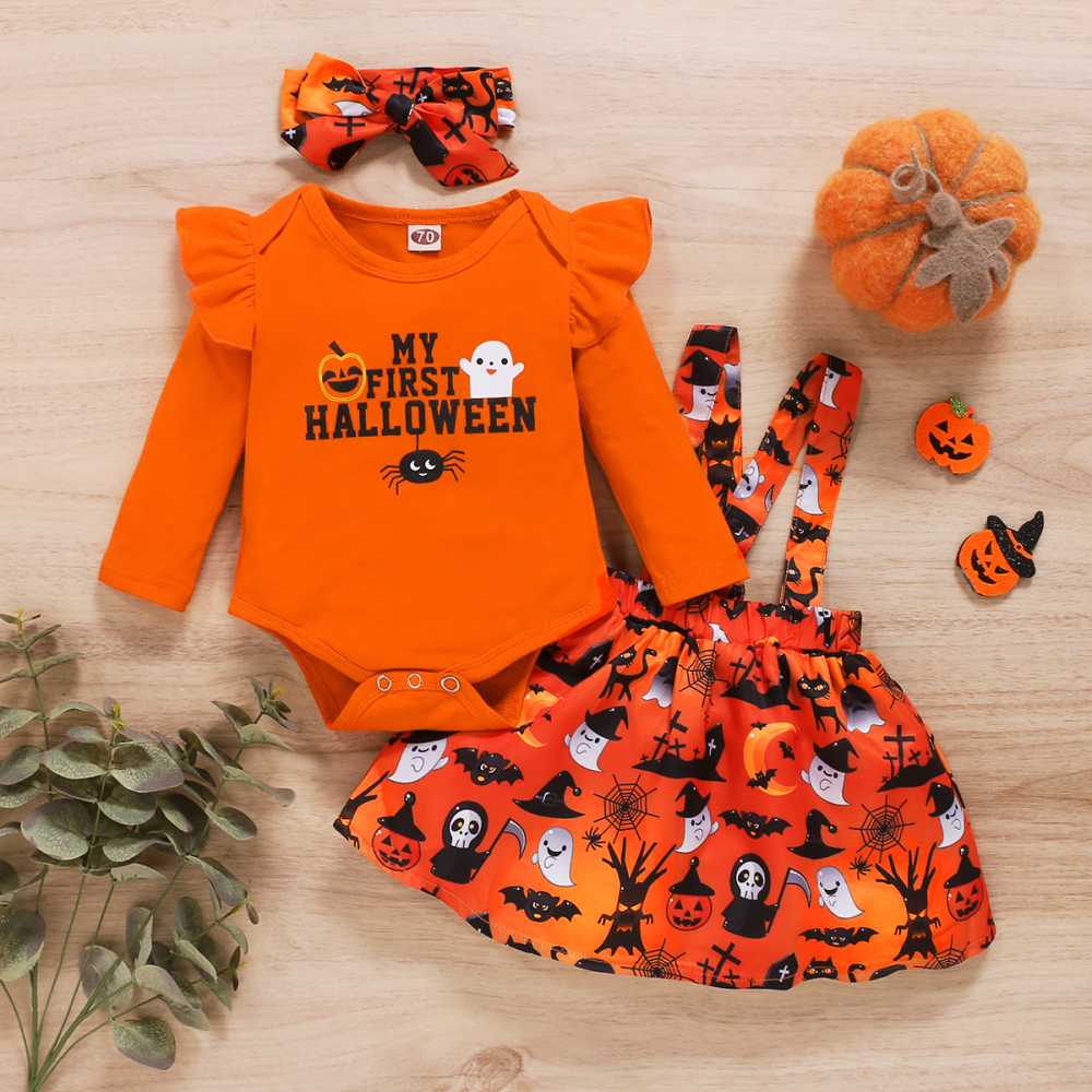 Baby Girls Pumpkin Letter Printed Long Sleeve Romper & Suspender Skirt & Headband Wholesale Baby Clothes