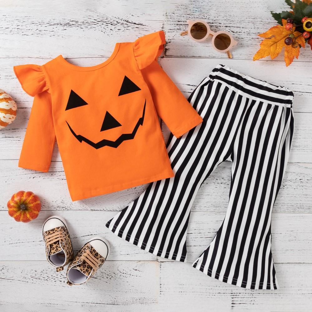 Girls Pumpkin Long Sleeve Top & Striped Pants Wholesale Toddler Clothes