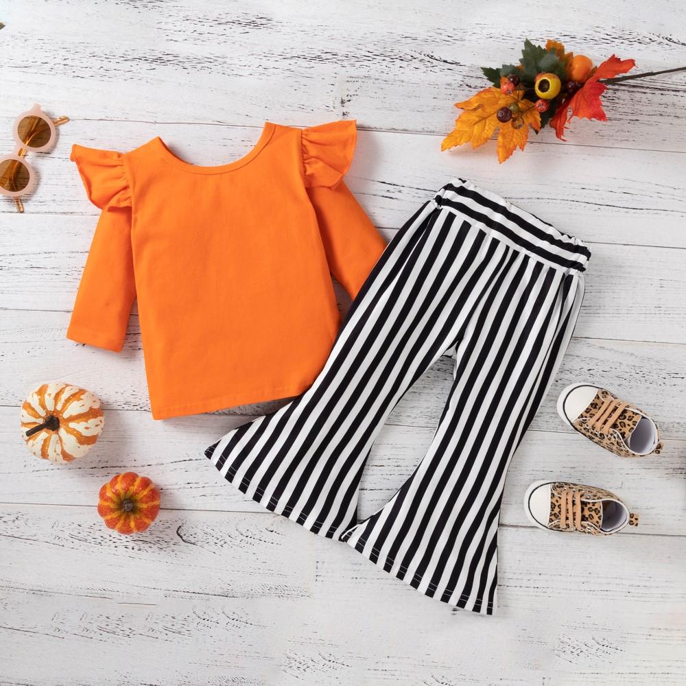 Girls Pumpkin Long Sleeve Top & Striped Pants Wholesale Toddler Clothes