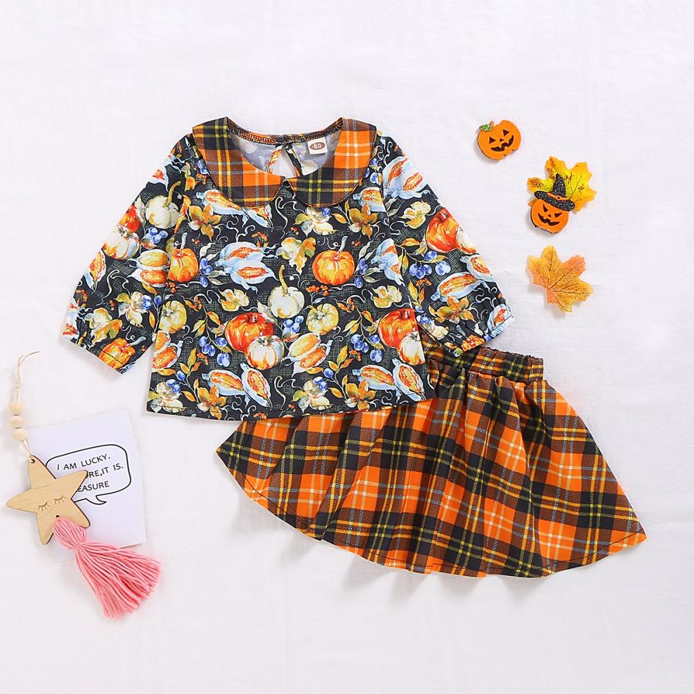 Girls Pumpkin Printed Long Sleeve Plaid Top & Skirt wholesale childrens clothing