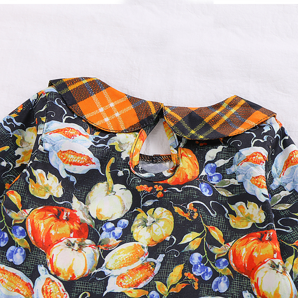 Girls Pumpkin Printed Long Sleeve Plaid Top & Skirt wholesale childrens clothing