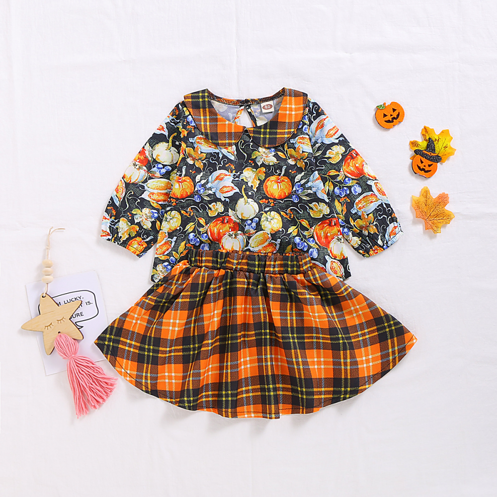 Girls Pumpkin Printed Long Sleeve Plaid Top & Skirt wholesale childrens clothing