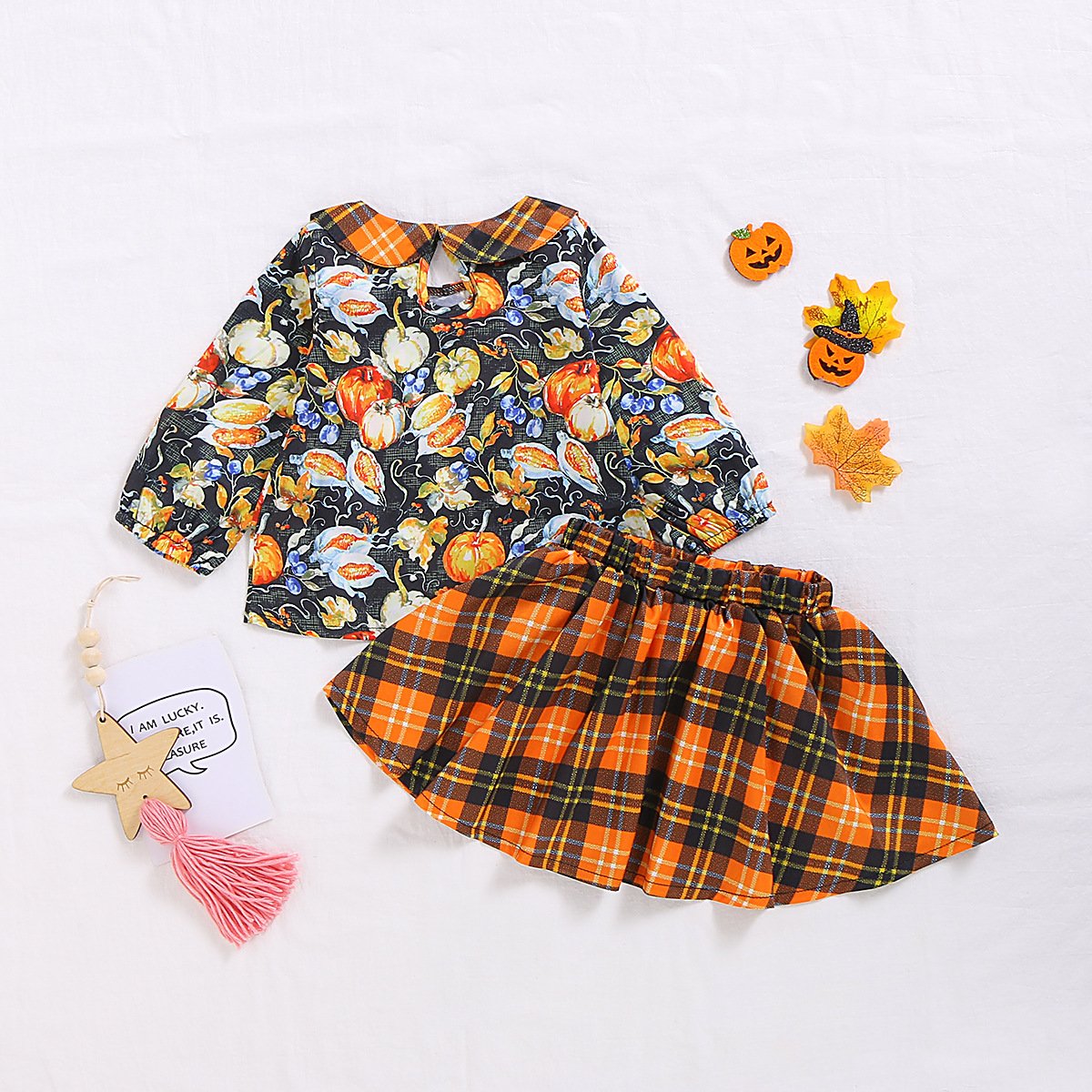 Girls Pumpkin Printed Long Sleeve Plaid Top & Skirt wholesale childrens clothing