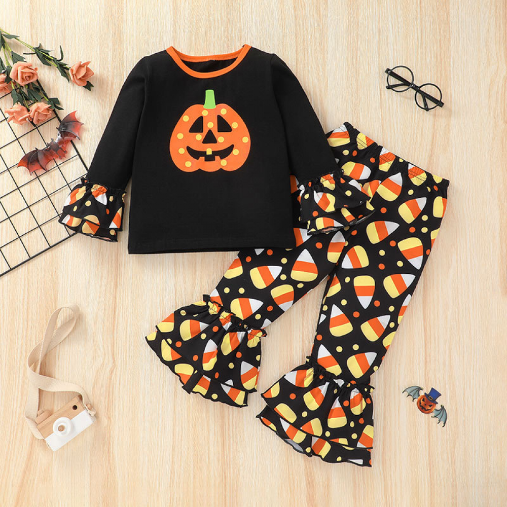 Girls Pumpkin Printed Long Sleeve Top & Striped Pants wholesale kids boutique clothing