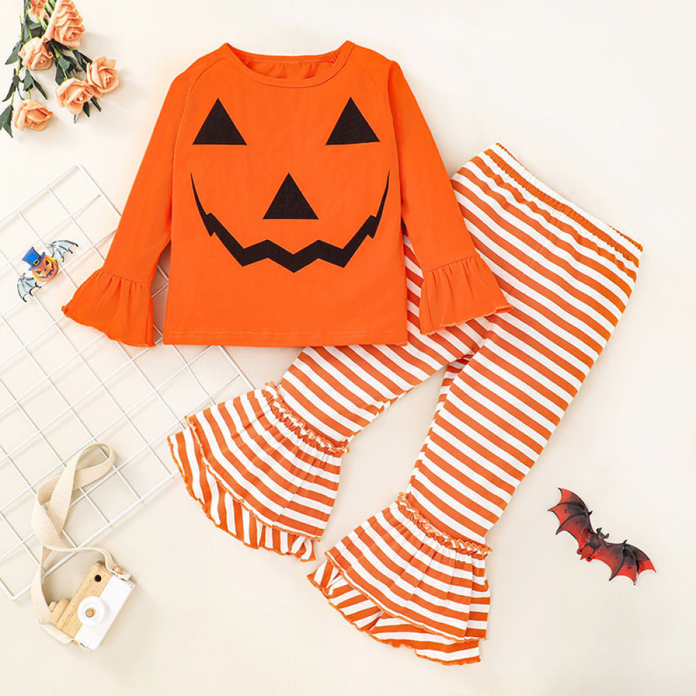 Girls Pumpkin Printed Long Sleeve Top & Striped Pants wholesale kids boutique clothing