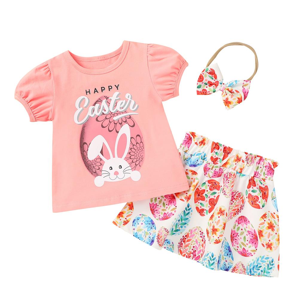 Girls Rabbit Happy Easter Eggs Printed Top & Skirt & Headband Baby Girl Boutique Clothing Wholesale