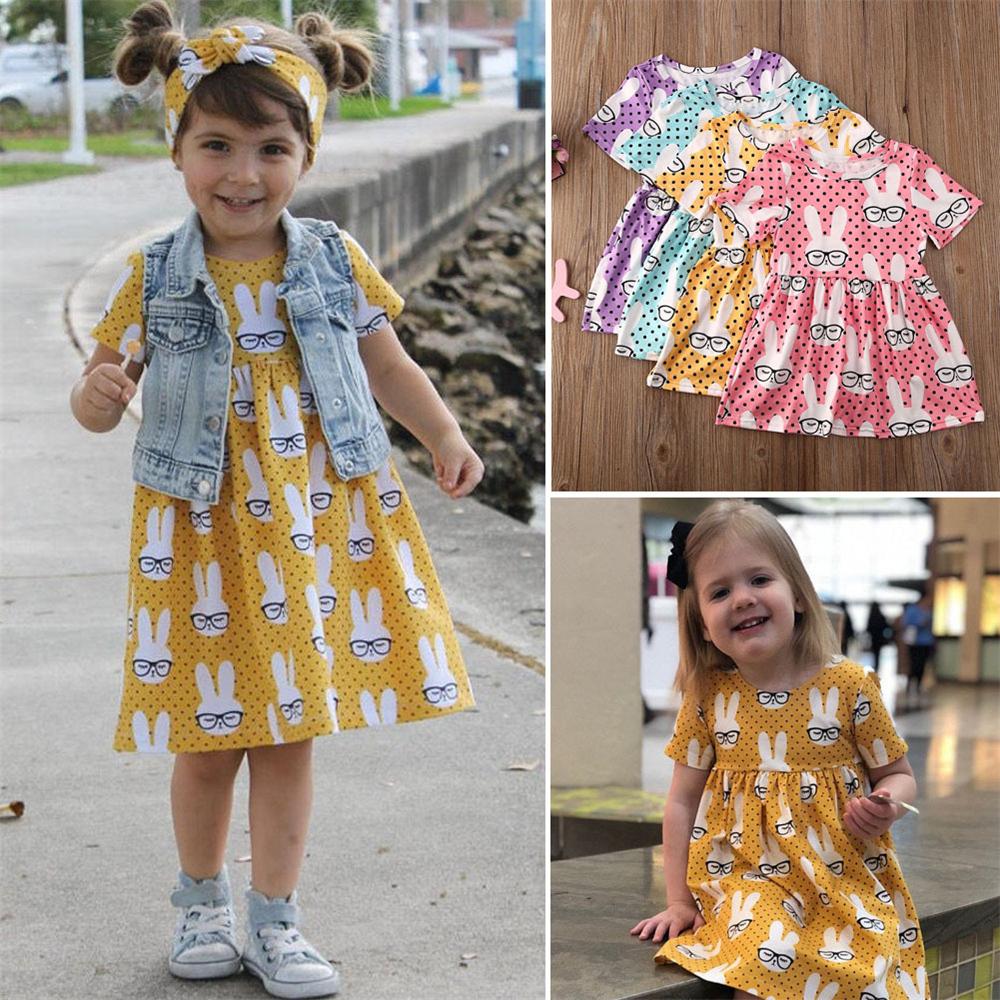 Girls Rabbit Printed Short Sleeve Lovely Dress quality children's clothing wholesale