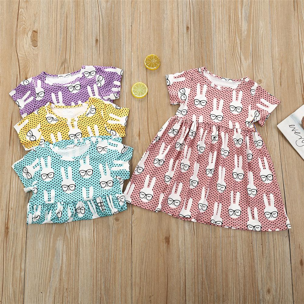 Girls Rabbit Printed Short Sleeve Lovely Dress quality children's clothing wholesale