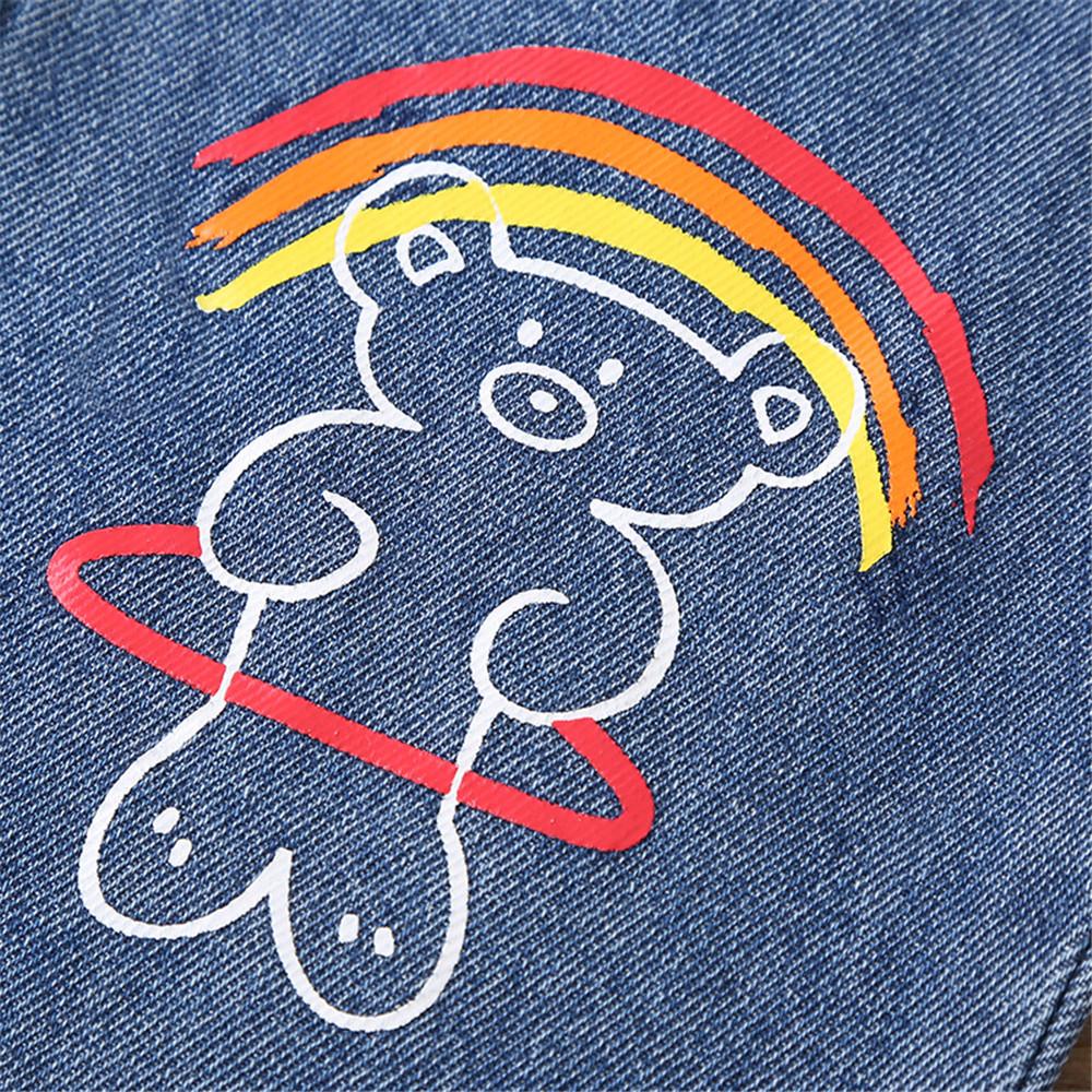 Girls Rainbow Cartoon Bear Pocket Ripped Jeans children's clothes wholesale suppliers