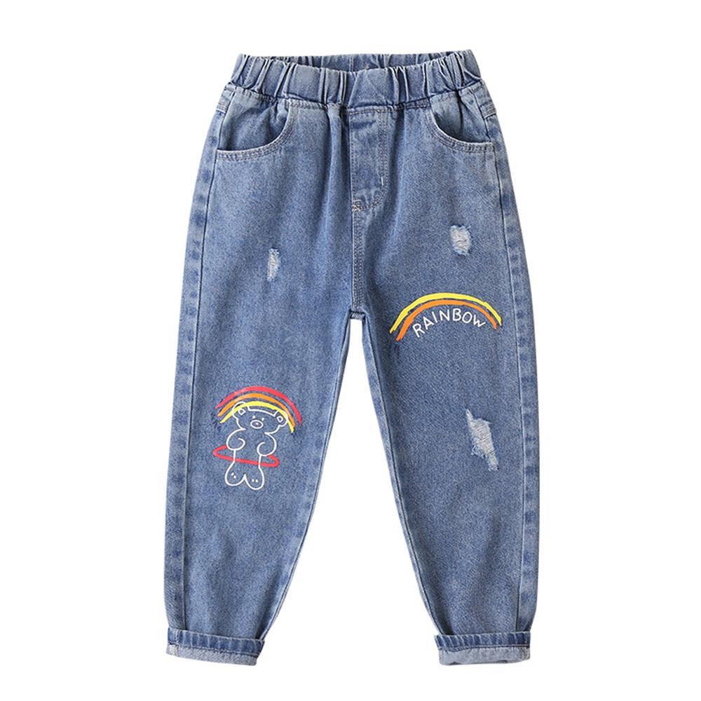 Girls Rainbow Cartoon Bear Pocket Ripped Jeans children's clothes wholesale suppliers