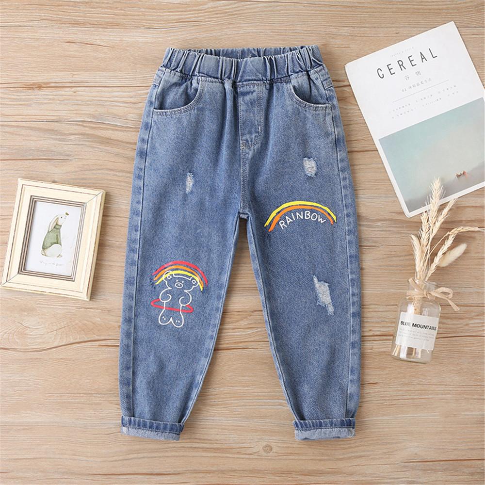 Girls Rainbow Cartoon Bear Pocket Ripped Jeans children's clothes wholesale suppliers