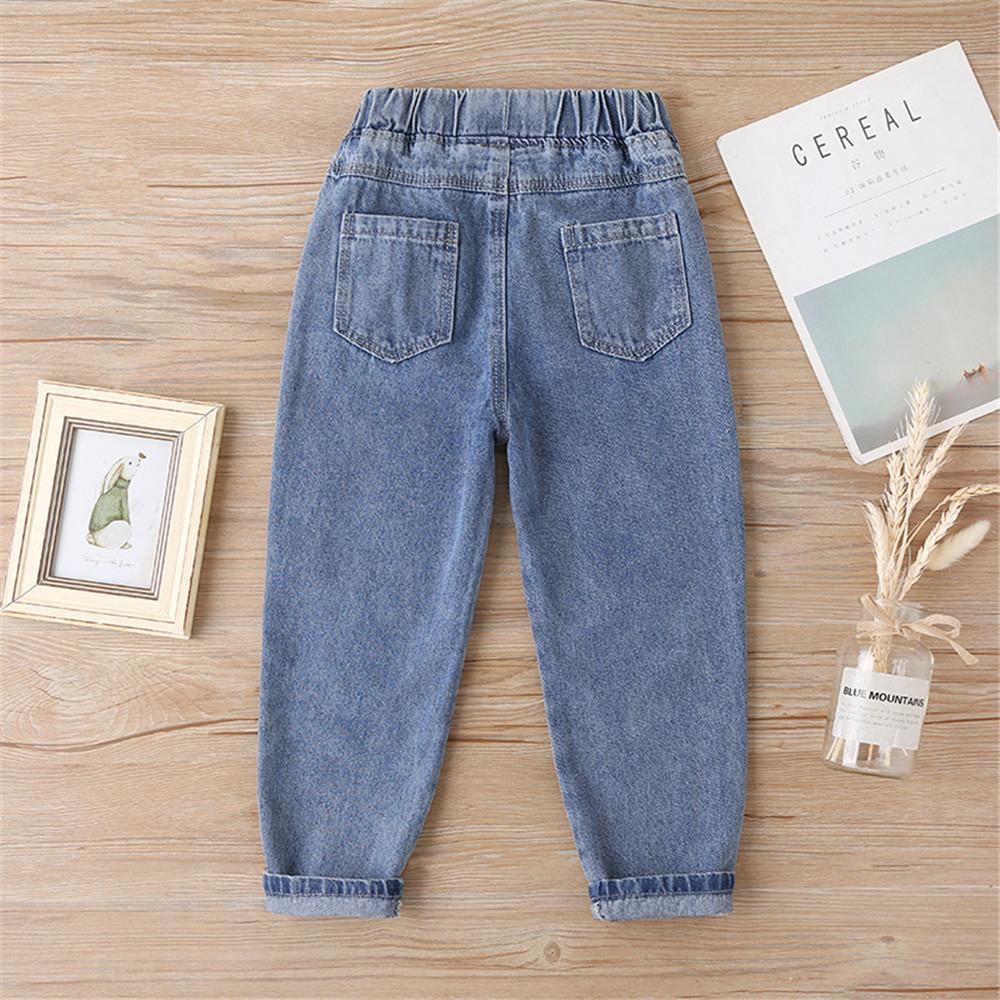 Girls Rainbow Cartoon Bear Pocket Ripped Jeans children's clothes wholesale suppliers