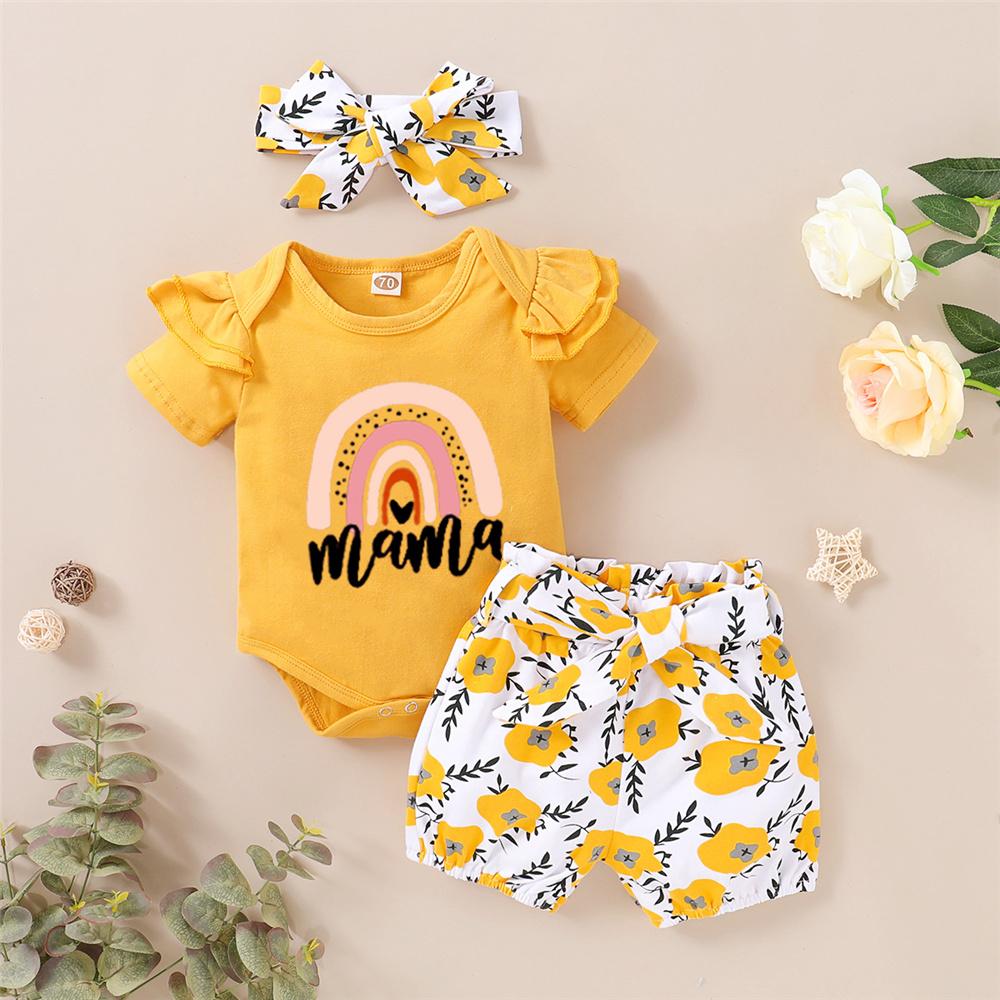 Baby Girls Rainbow Mama Letter Printed Short Sleeve Romper & Floral Printed Shorts & Headband cheap baby girl clothes boutique