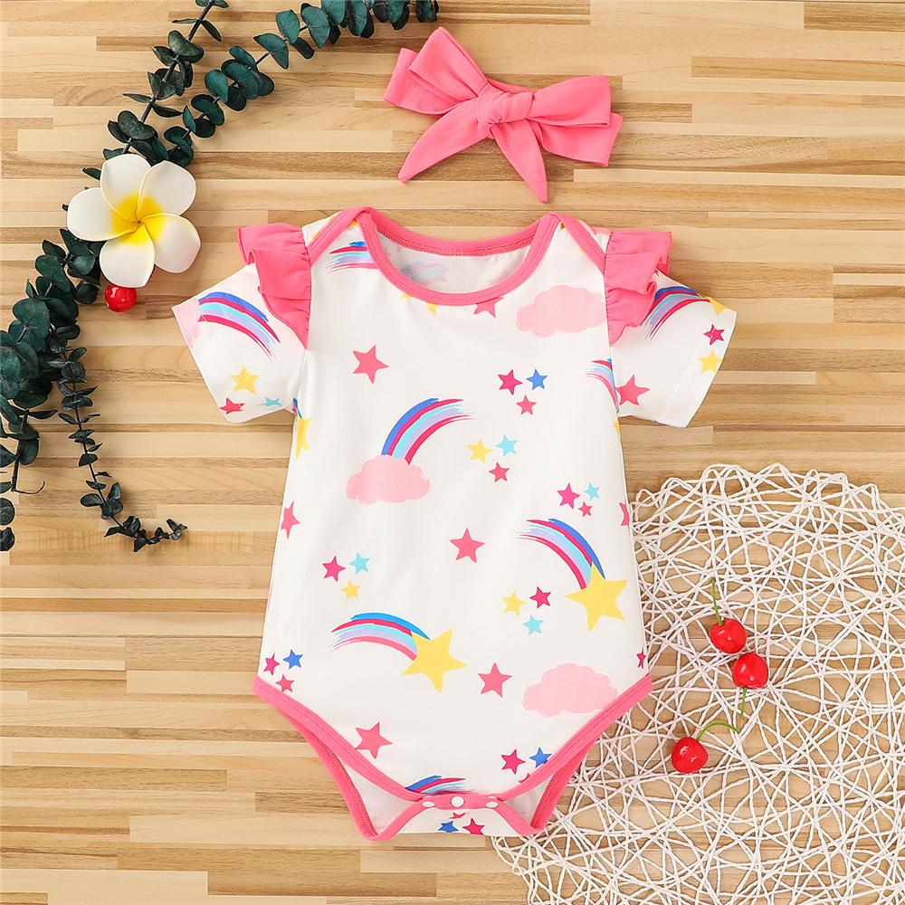 Baby Girls Rainbow Star Printed Short Sleeve Ruffled Romper & Headband Baby Boutique Clothes Wholesale