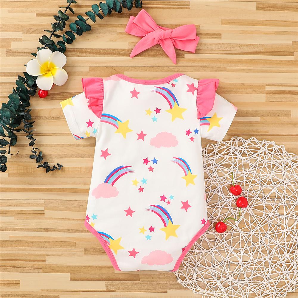 Baby Girls Rainbow Star Printed Short Sleeve Ruffled Romper & Headband Baby Boutique Clothes Wholesale