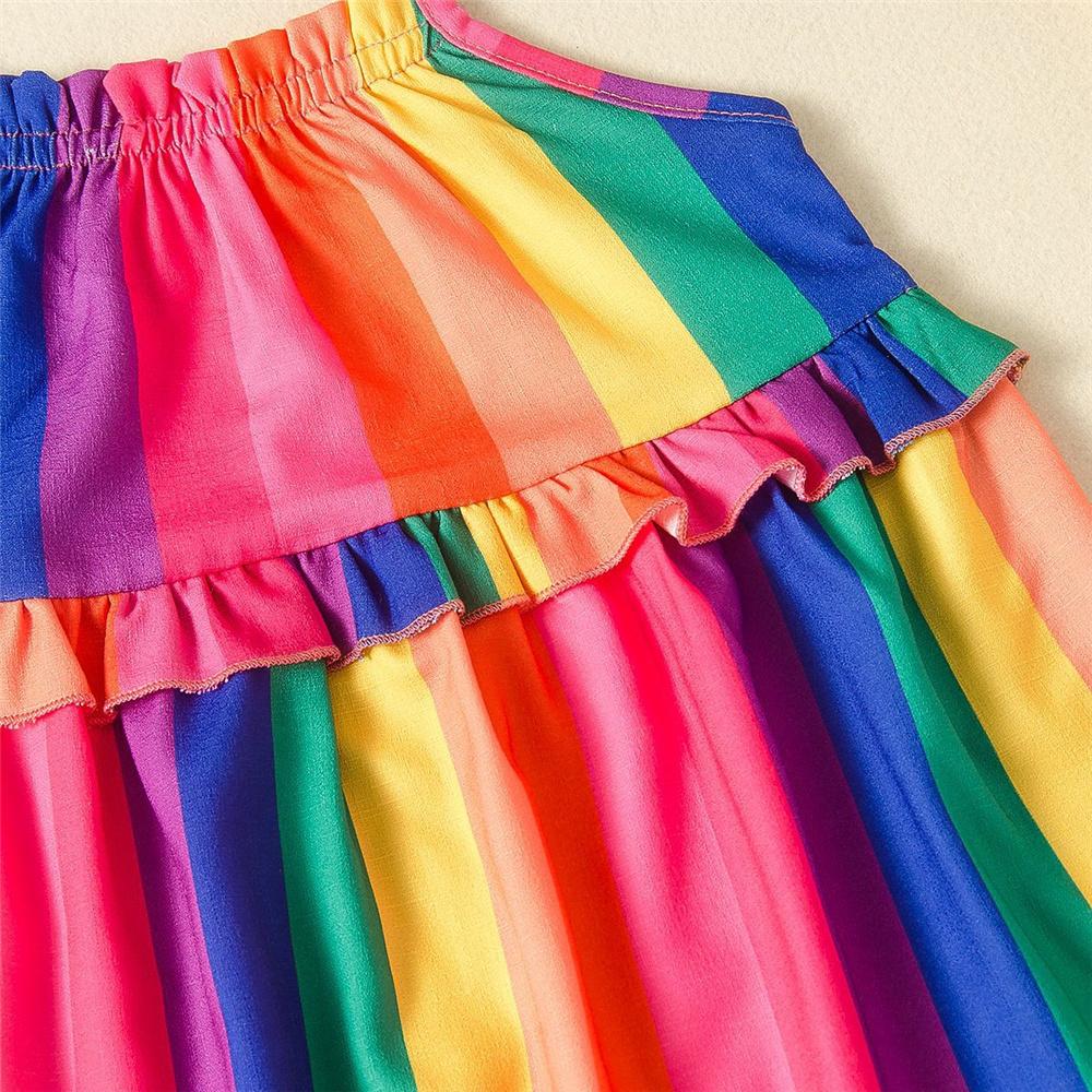 Girls Rainbow Striped Printed Sleeveless Dress Kids Wear Wholesale