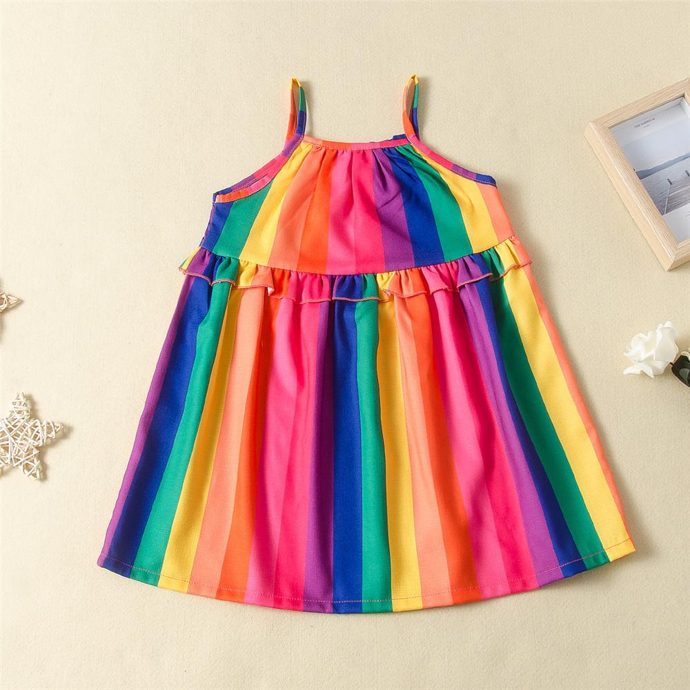 Girls Rainbow Striped Printed Sleeveless Dress Kids Wear Wholesale