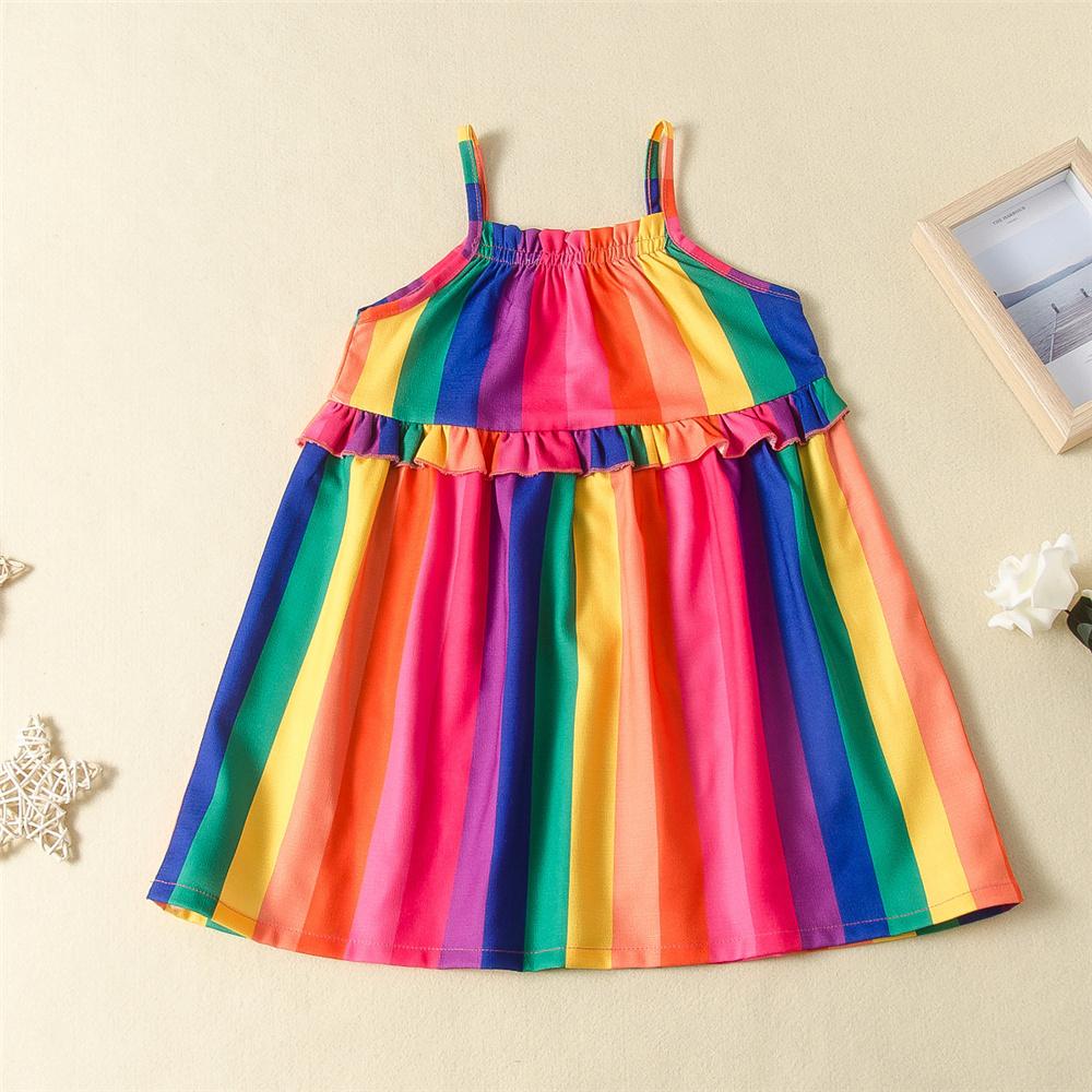 Girls Rainbow Striped Printed Sleeveless Dress Kids Wear Wholesale