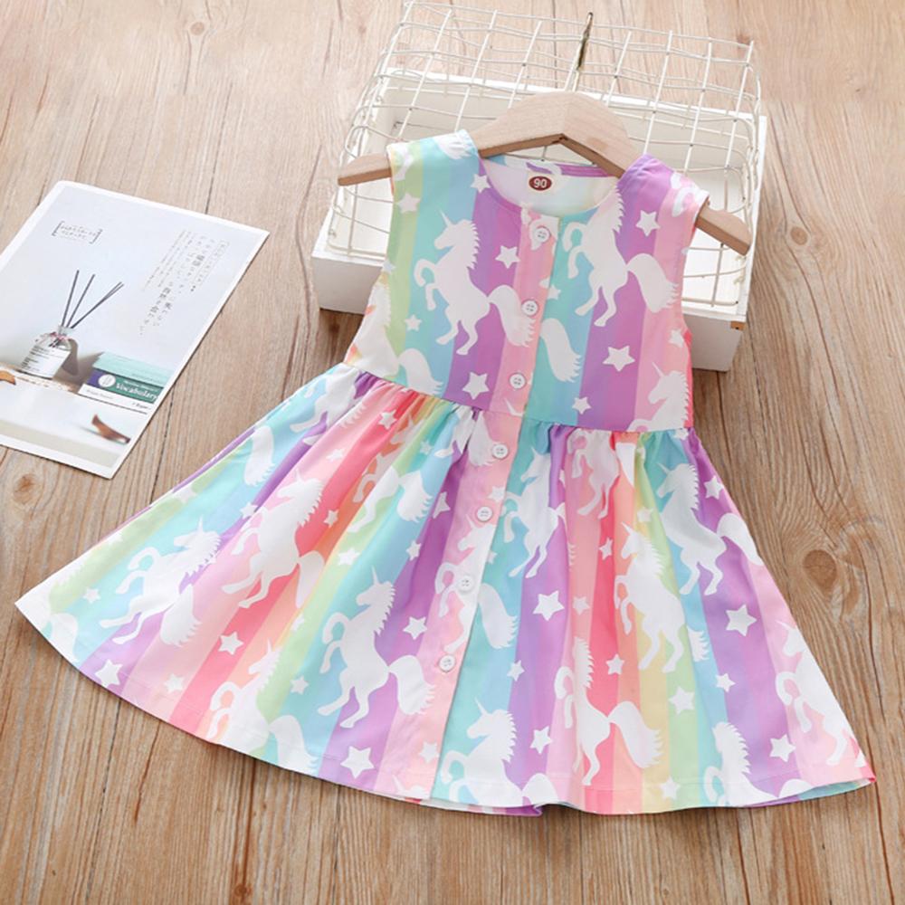 Girls Rainbow Striped Unicorn Printed Sleeveless Princess Dress Wholesale Clothing For Children