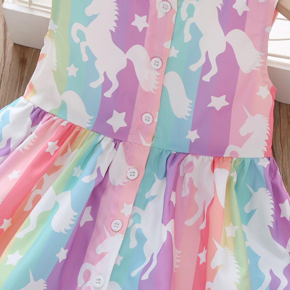 Girls Rainbow Striped Unicorn Printed Sleeveless Princess Dress Wholesale Clothing For Children