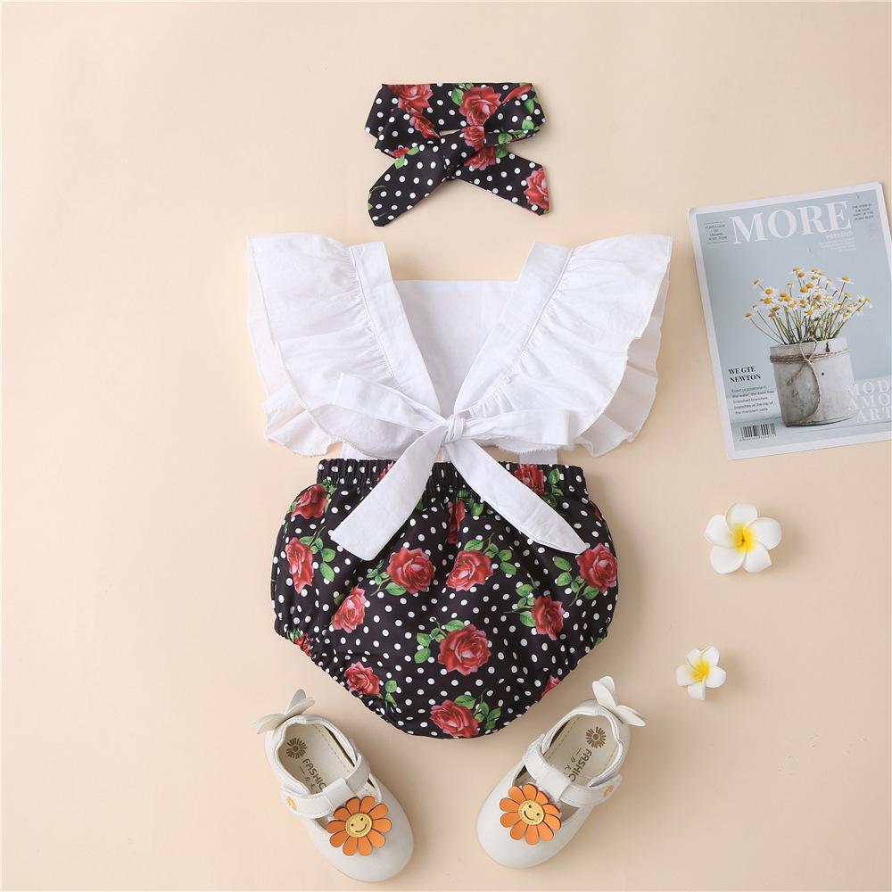 Baby Girls Rose Embroidery Polka Dot Printed Sleeveless Romper & Headband Wholesale Baby Clothes
