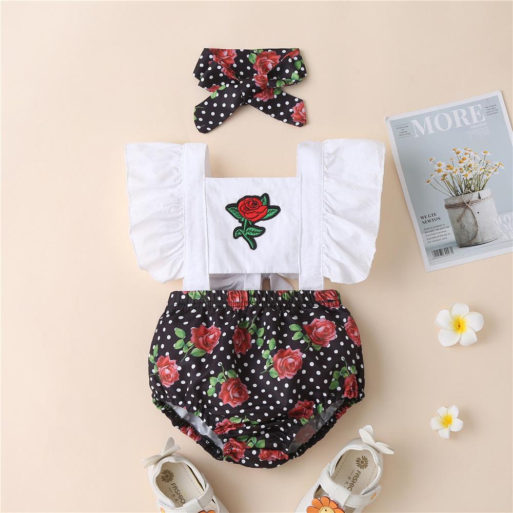 Baby Girls Rose Embroidery Polka Dot Printed Sleeveless Romper & Headband Wholesale Baby Clothes