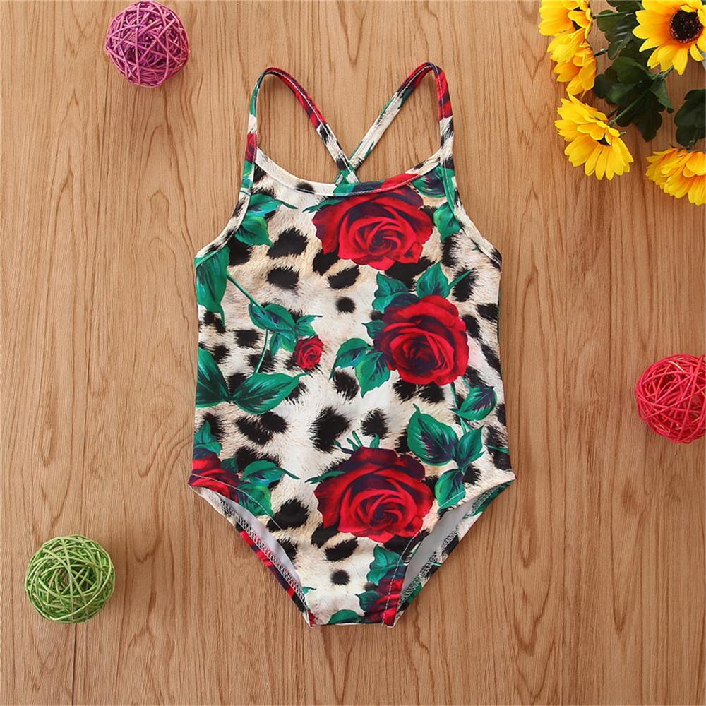 Girls Rose Leopard Printed Swimwear Toddler One Piece Swimsuit