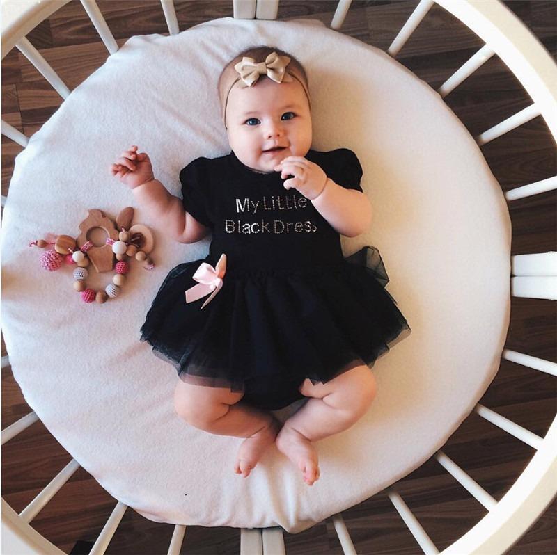 Baby Girls Round Neck My Little Black Dress Printed Bow Short Sleeve Mesh Dress Wholesale Baby Clothes