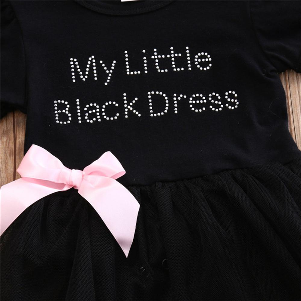 Baby Girls Round Neck My Little Black Dress Printed Bow Short Sleeve Mesh Dress Wholesale Baby Clothes