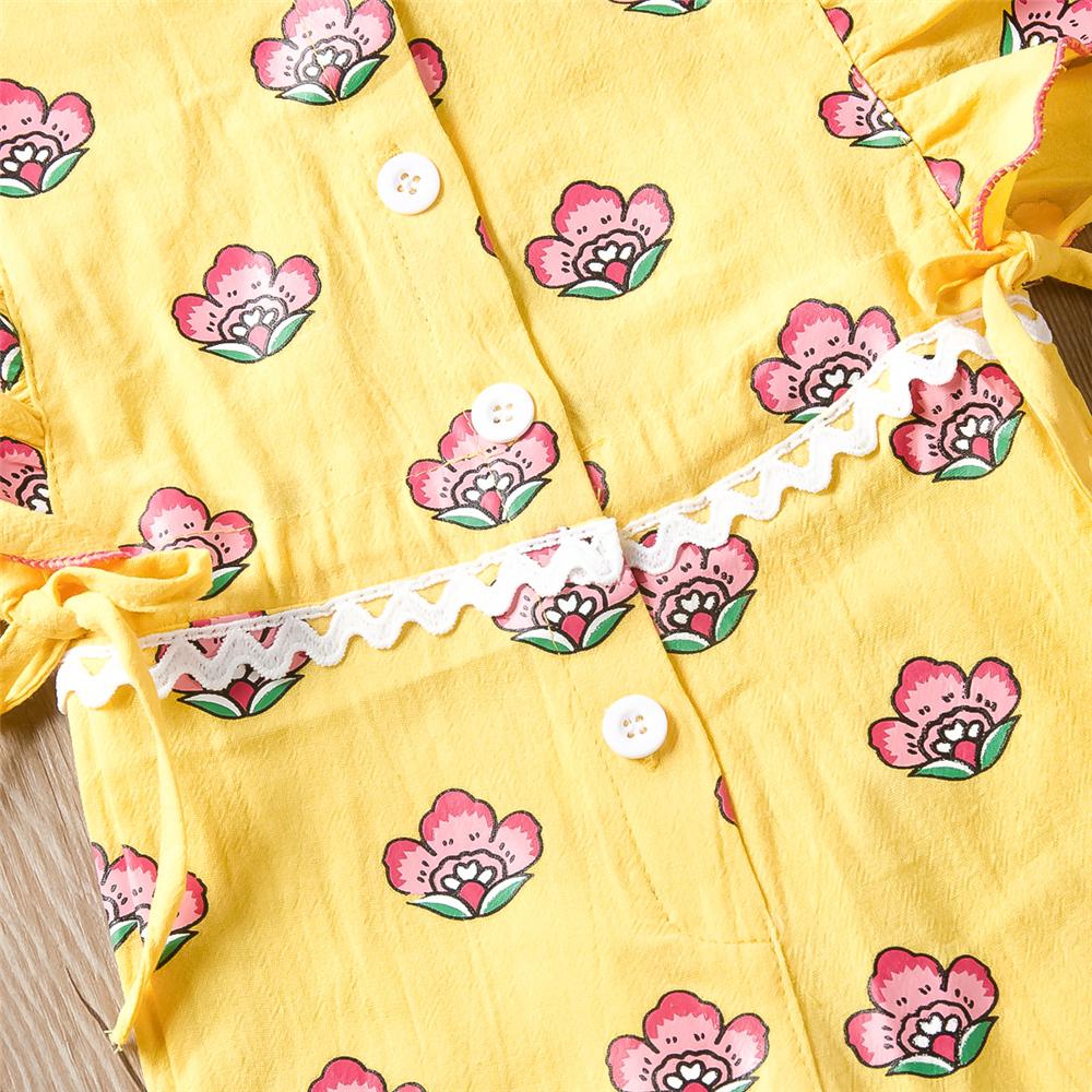 Girls Ruffle Flower Printed Button Jumpsuit & Headband Wholesale Baby Girl Clothes