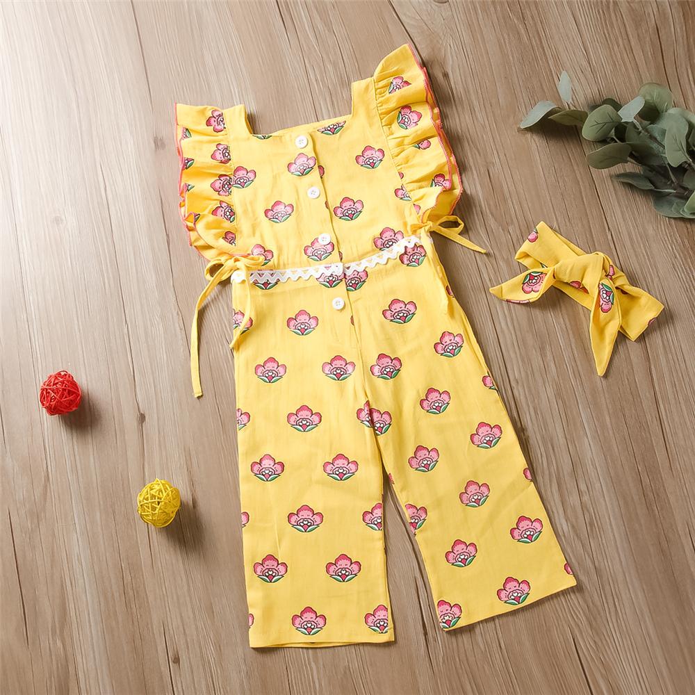 Girls Ruffle Flower Printed Button Jumpsuit & Headband Wholesale Baby Girl Clothes