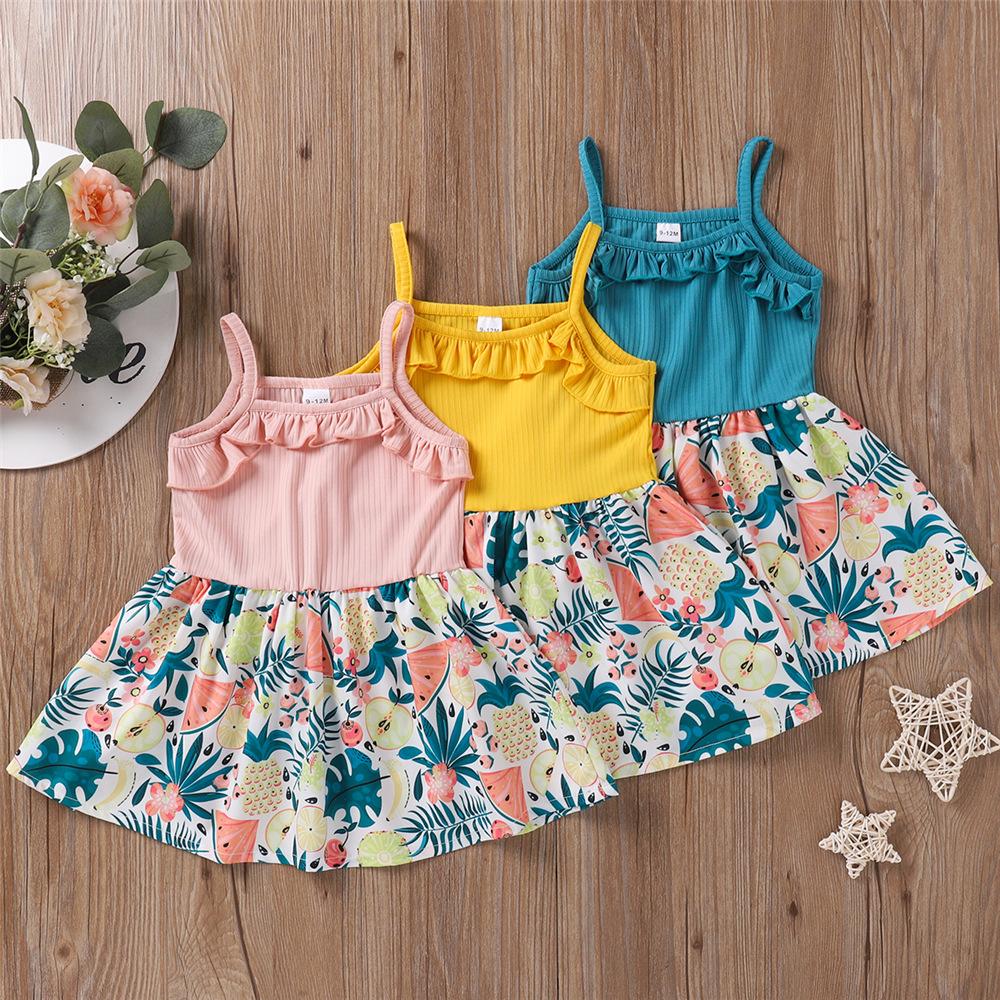Baby Girls Ruffled Floral Fruit Splicing Suspender Dress Wholesale Baby Dresses