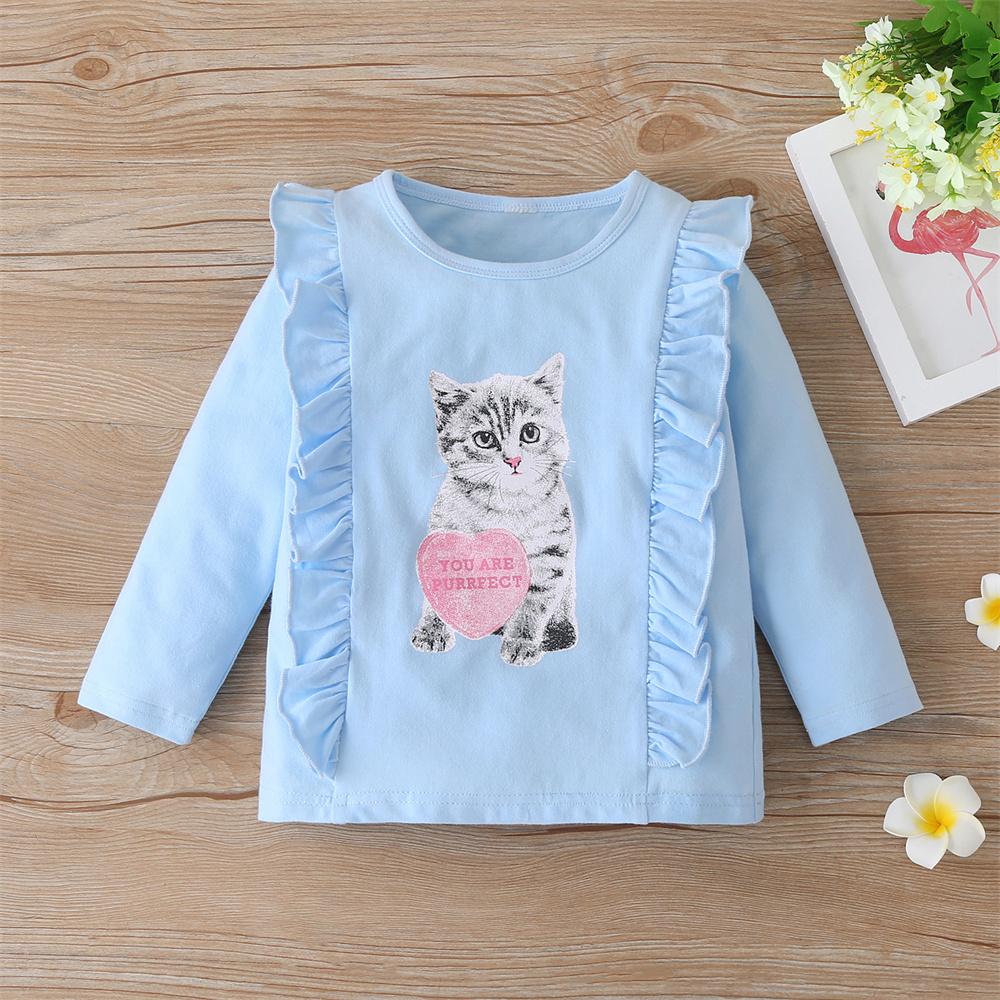 Girls Ruffled Long Sleeve Cartoon Printed Top childrens wholesale clothing