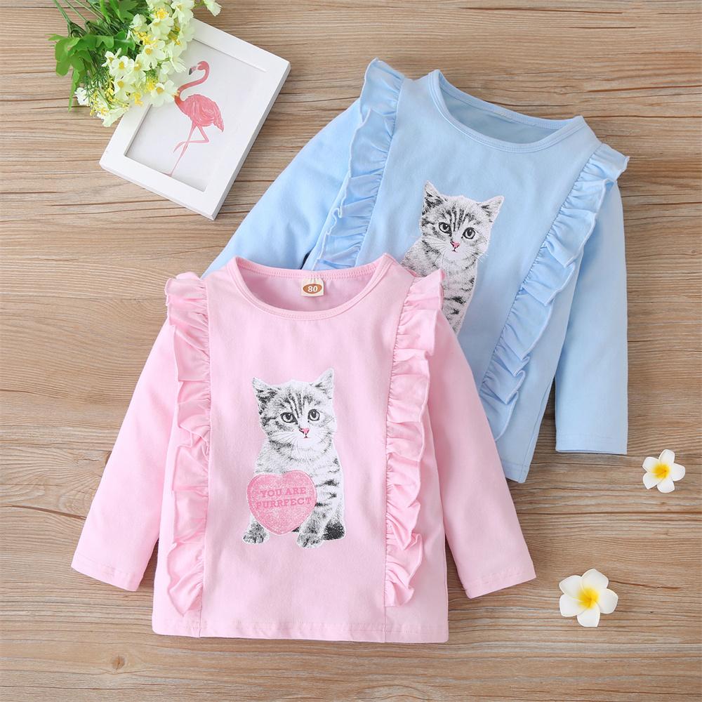 Girls Ruffled Long Sleeve Cartoon Printed Top childrens wholesale clothing