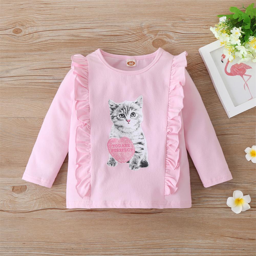 Girls Ruffled Long Sleeve Cartoon Printed Top childrens wholesale clothing