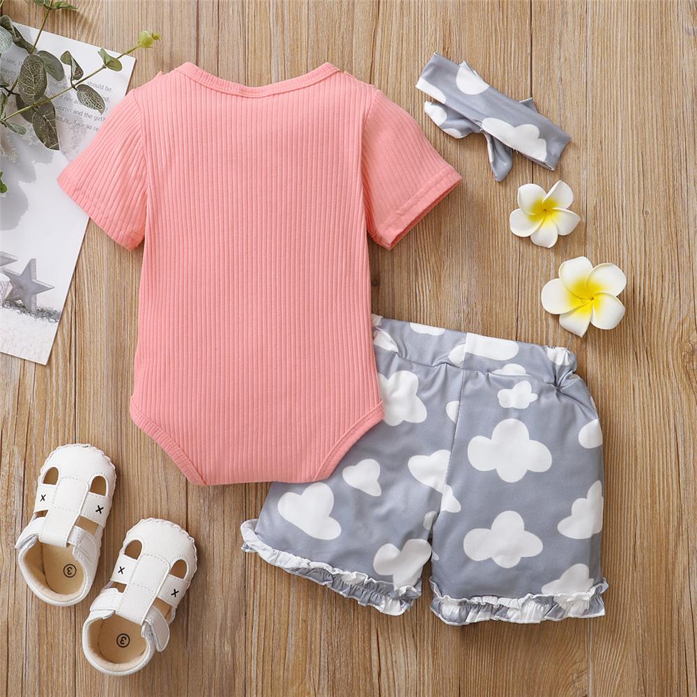 Baby Girls Ruffled Pink Short Sleeve Romper & Printed Shorts & Headband cheap baby clothes wholesale