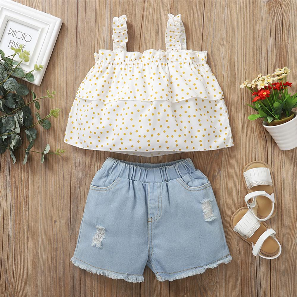 Girls Ruffled Polka Dot Printed Sling Top & Ripped Denim Shorts kids wholesale vendors