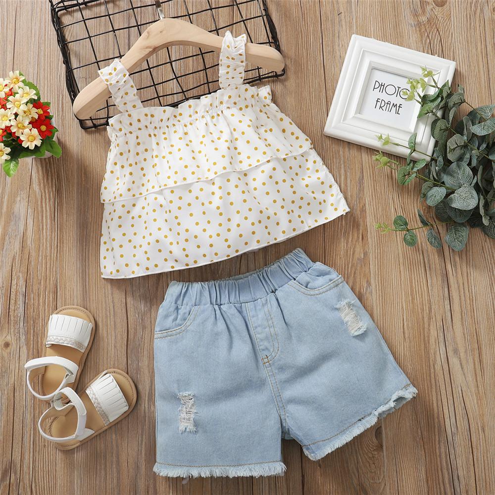 Girls Ruffled Polka Dot Printed Sling Top & Ripped Denim Shorts kids wholesale vendors