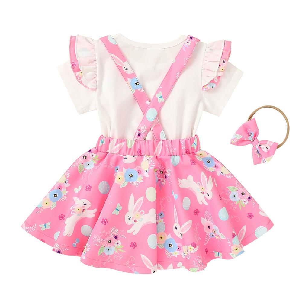 Girls Ruffled Rabbit Floral Printed Short Sleeve Top & Suspender Skirt & Headband Girls Boutique Clothes Wholesale