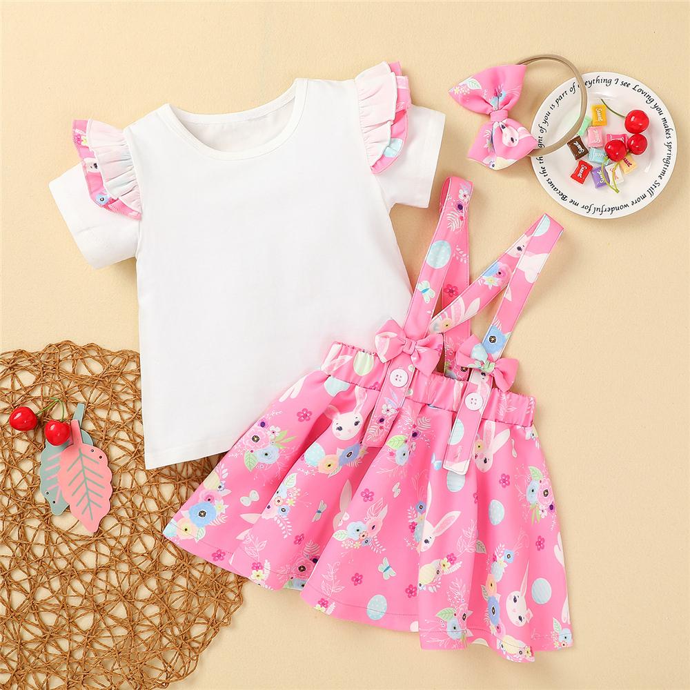 Girls Ruffled Rabbit Floral Printed Short Sleeve Top & Suspender Skirt & Headband Girls Boutique Clothes Wholesale