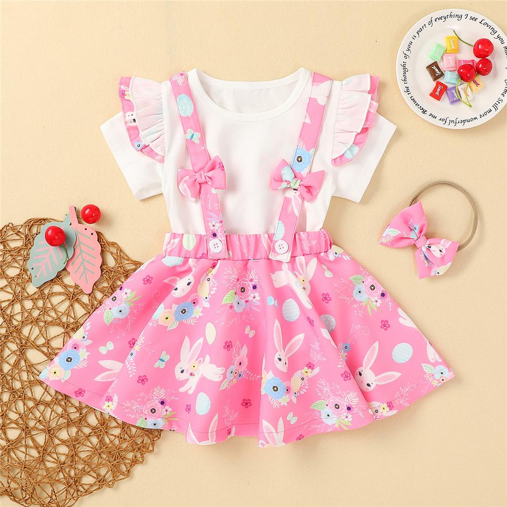 Girls Ruffled Rabbit Floral Printed Short Sleeve Top & Suspender Skirt & Headband Girls Boutique Clothes Wholesale