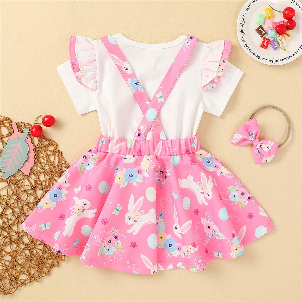 Girls Ruffled Rabbit Floral Printed Short Sleeve Top & Suspender Skirt & Headband Girls Boutique Clothes Wholesale
