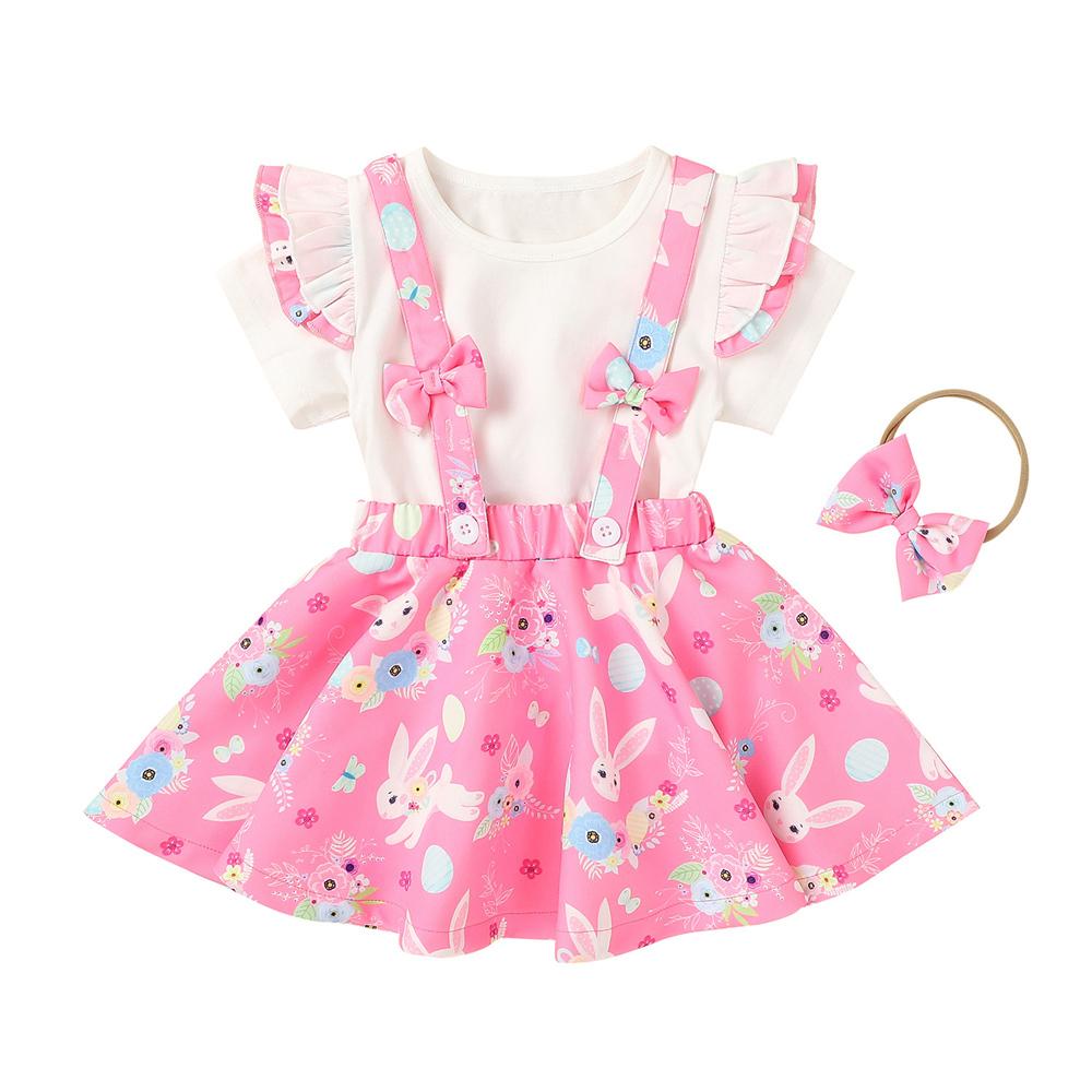 Girls Ruffled Rabbit Floral Printed Short Sleeve Top & Suspender Skirt & Headband Girls Boutique Clothes Wholesale