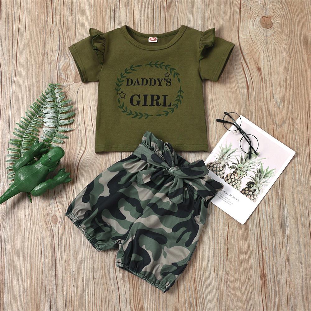 Girls Ruffled Short Sleeve Daddys Girl Printed T-shirt & Camo Shorts wholesale toddler clothing