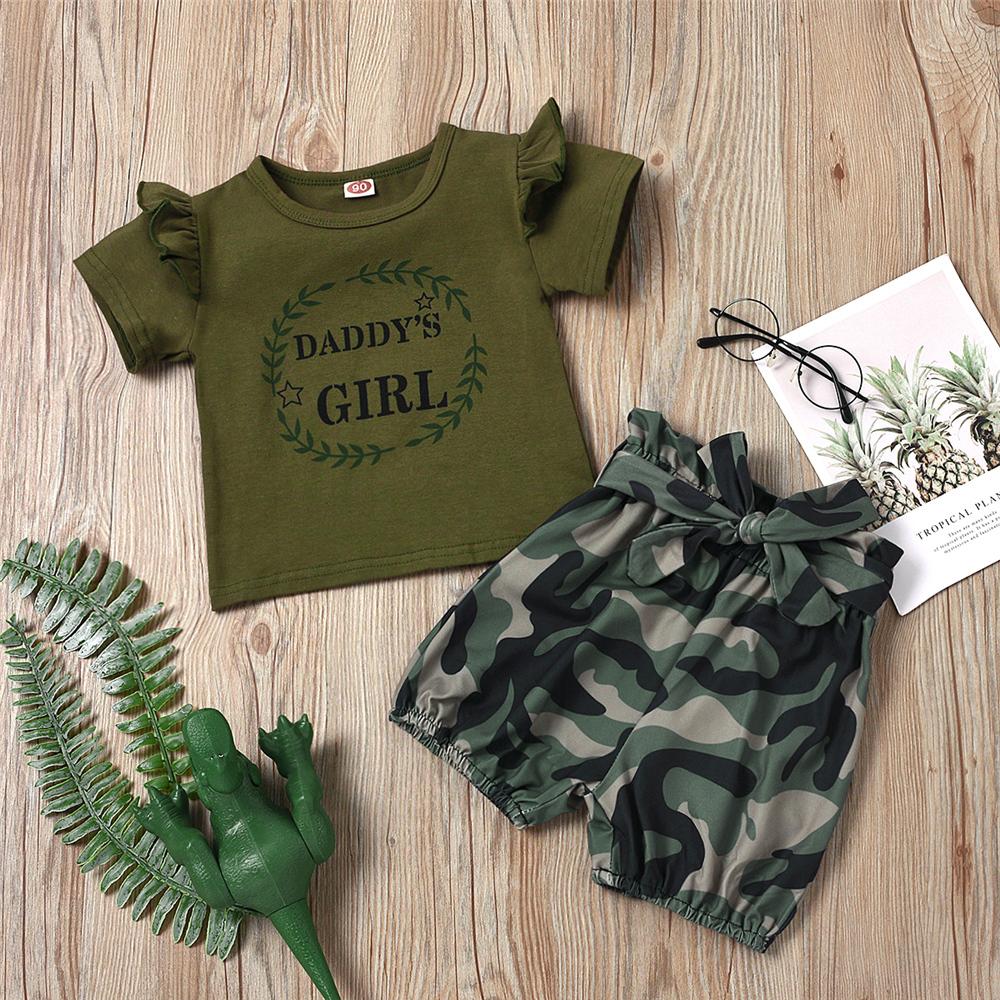 Girls Ruffled Short Sleeve Daddys Girl Printed T-shirt & Camo Shorts wholesale toddler clothing